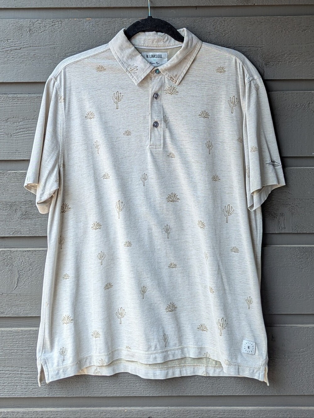 Linksoul Printed Astoria Polo Shirt Medium Beige Tan Cactus Dessert Golf Pima